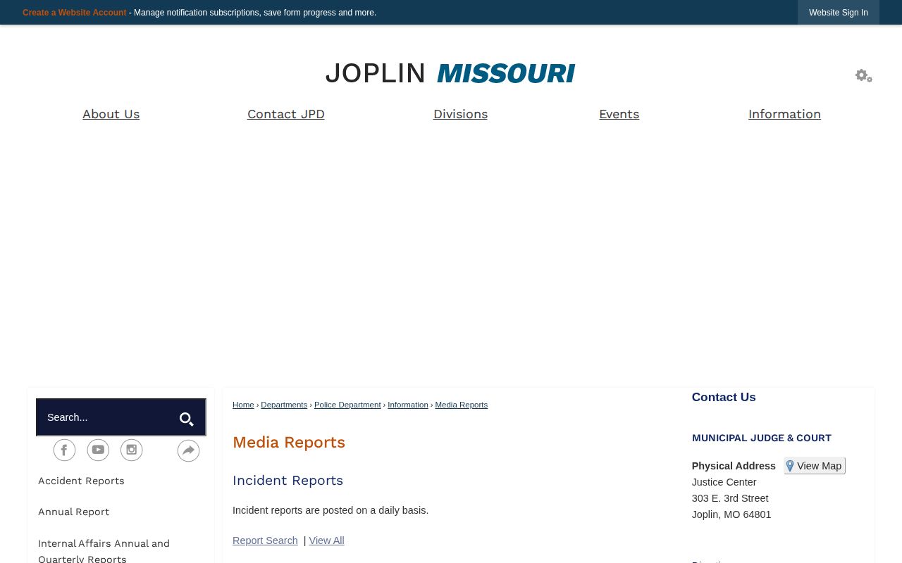 Joplin Media Reports page with arrest and custody report links