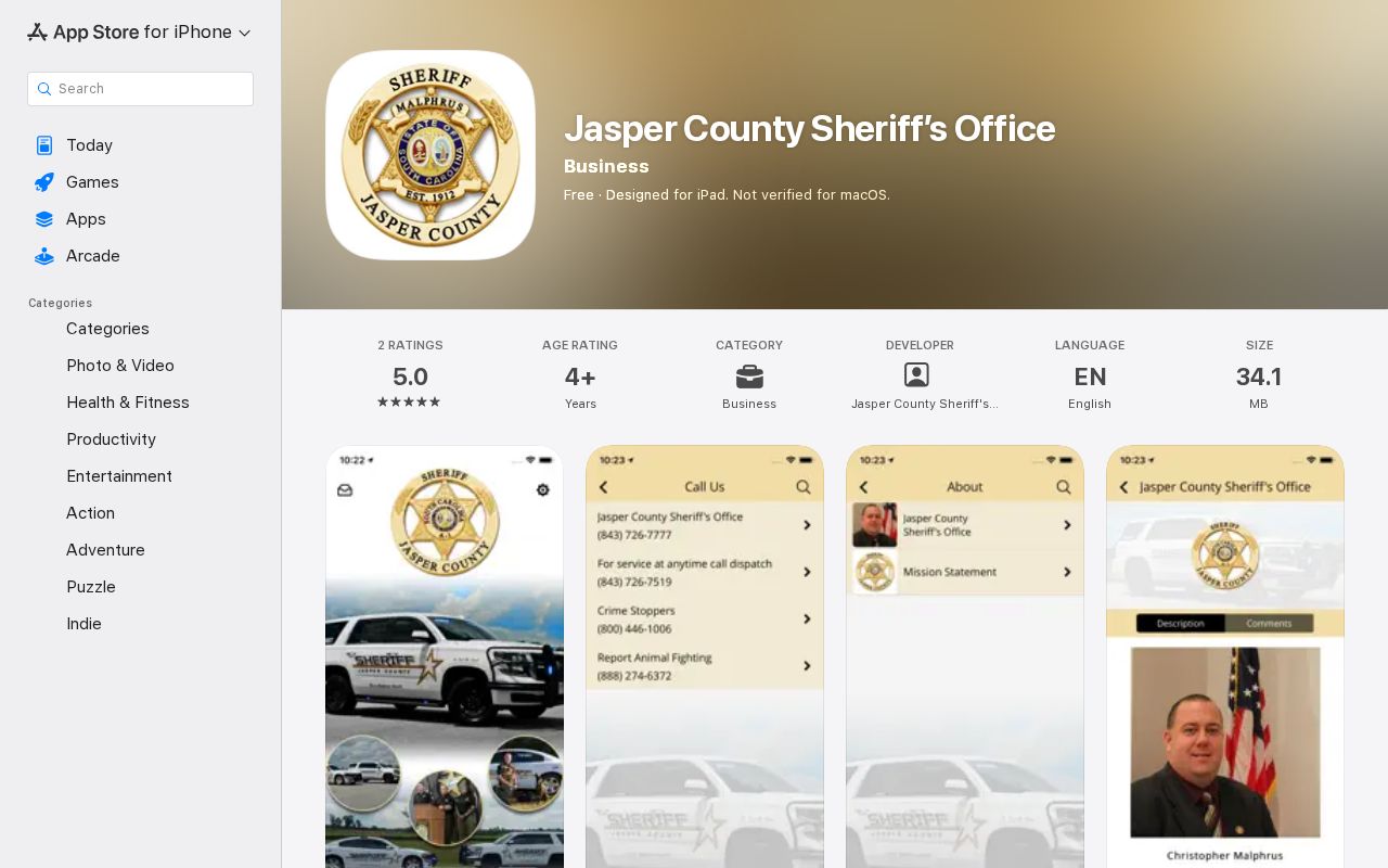 Jasper County Sheriff official app listing for alerts and tips