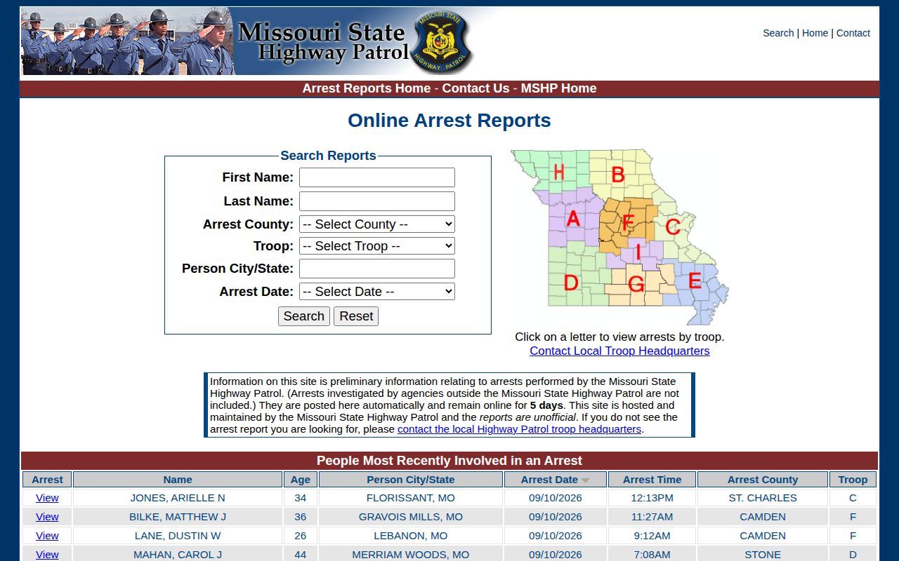Missouri State Highway Patrol five-day arrest search fields