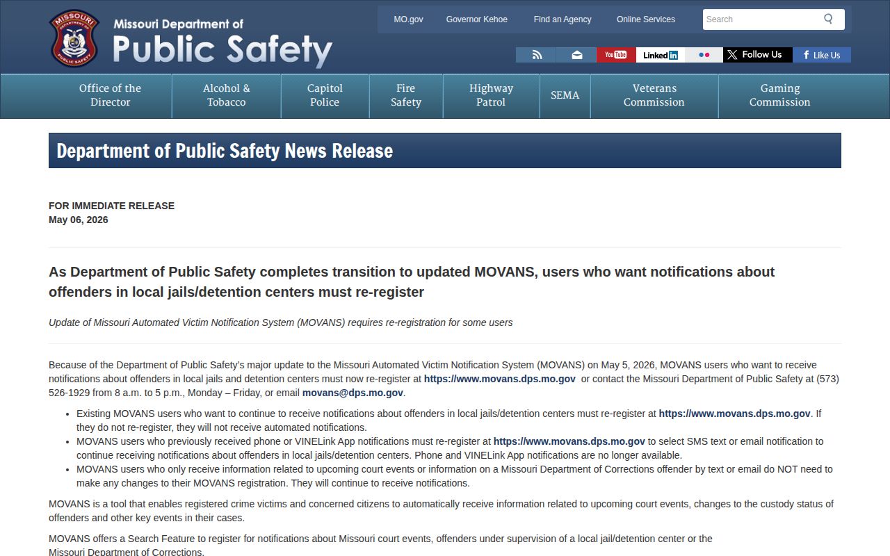 Missouri DPS May 2026 MOVANS transition notice