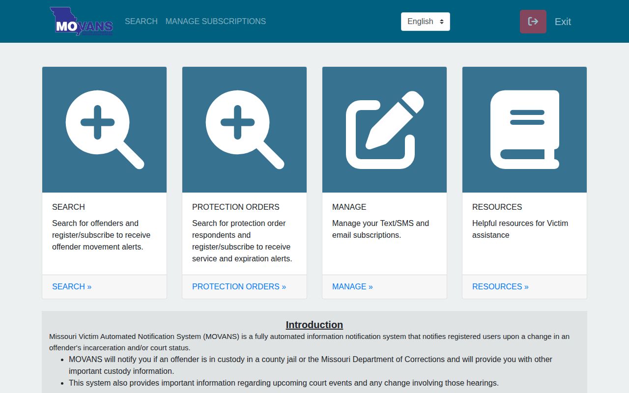 Missouri MOVANS public custody and court search interface
