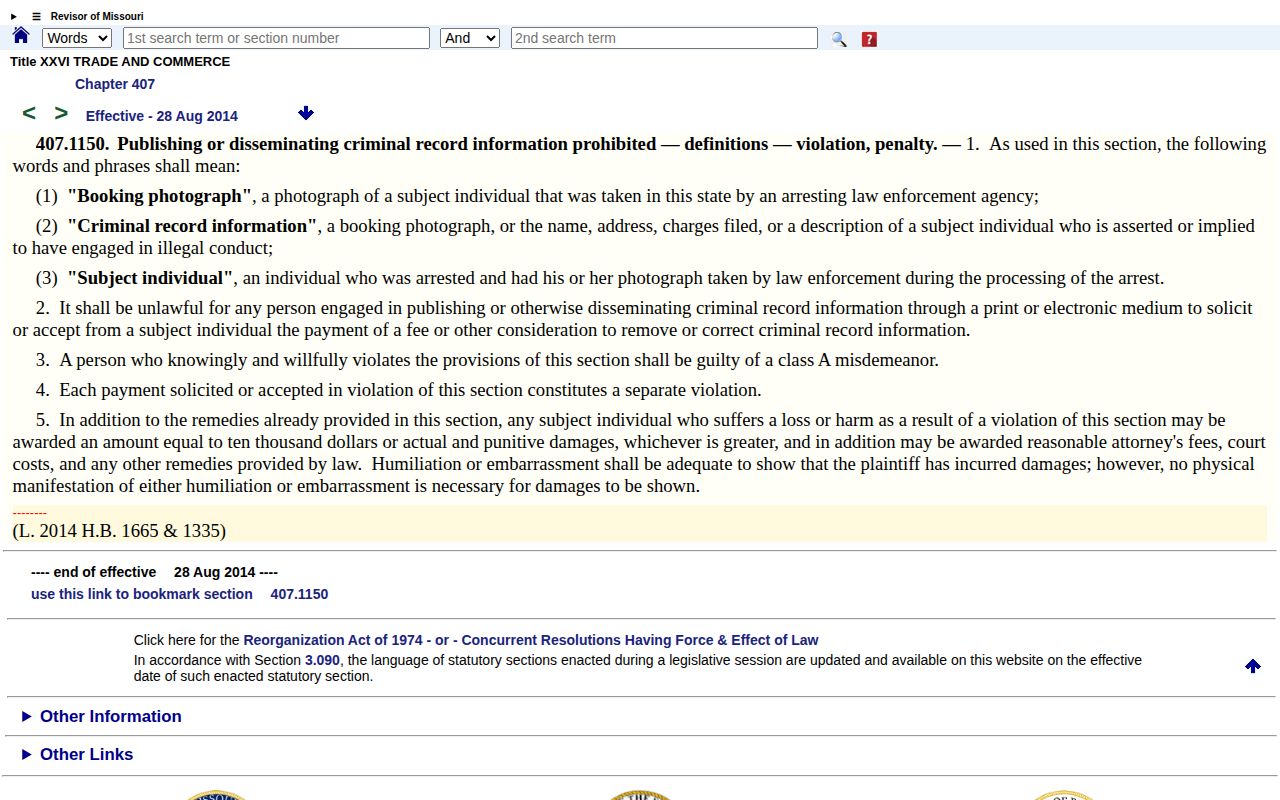 Missouri law on Jasper County booking photo removal payments