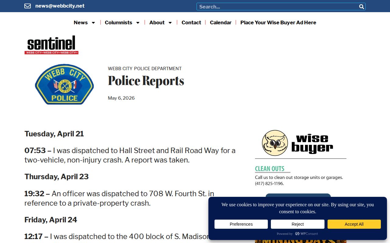 Webb City Sentinel dated police report coverage