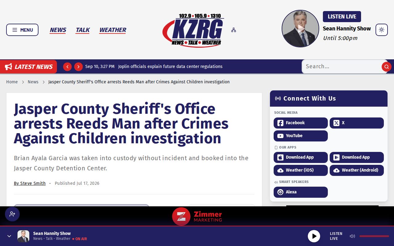 KZRG local report citing a Jasper County Sheriff arrest